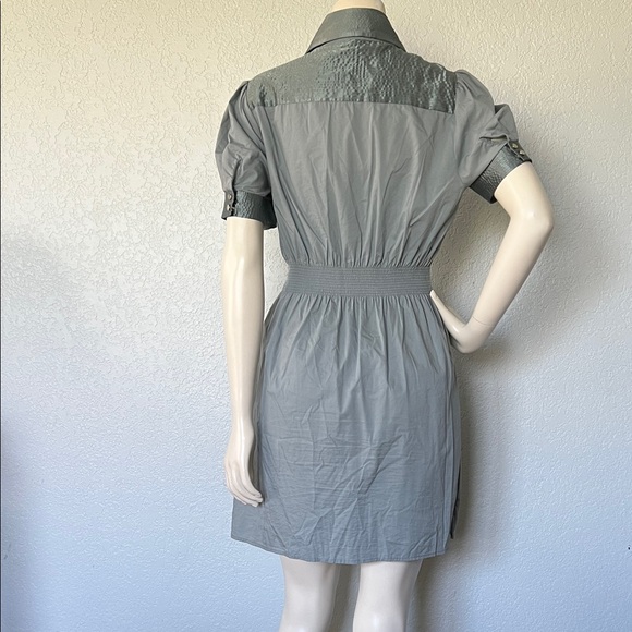 Belted Shirt Dress Snap Front Pockets Green Medium Vertigo Paris - Picture 6 of 6